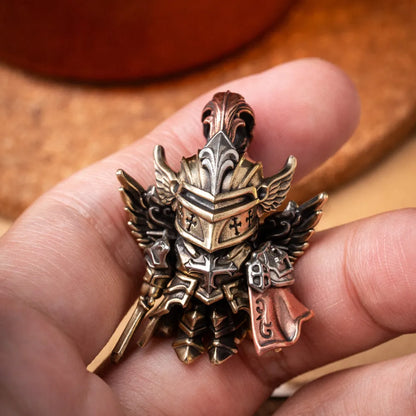 Tricolor Crimson Templar pendant held in hand showing articulated armor