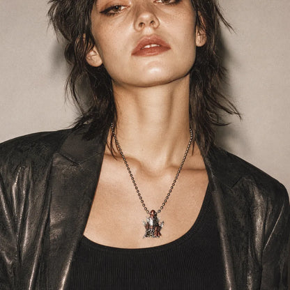 White bronze and copper Crimson Templar pendant necklace worn by a woman