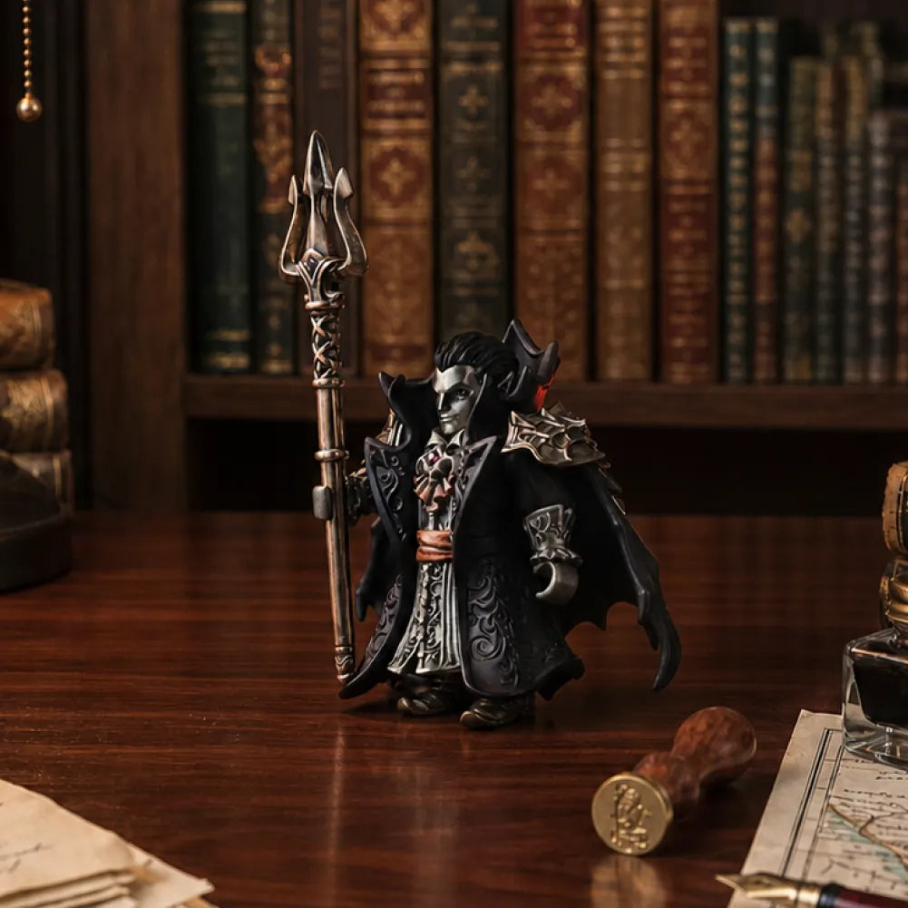 Crimson Vampire articulated figure displayed beside books on a shelf
