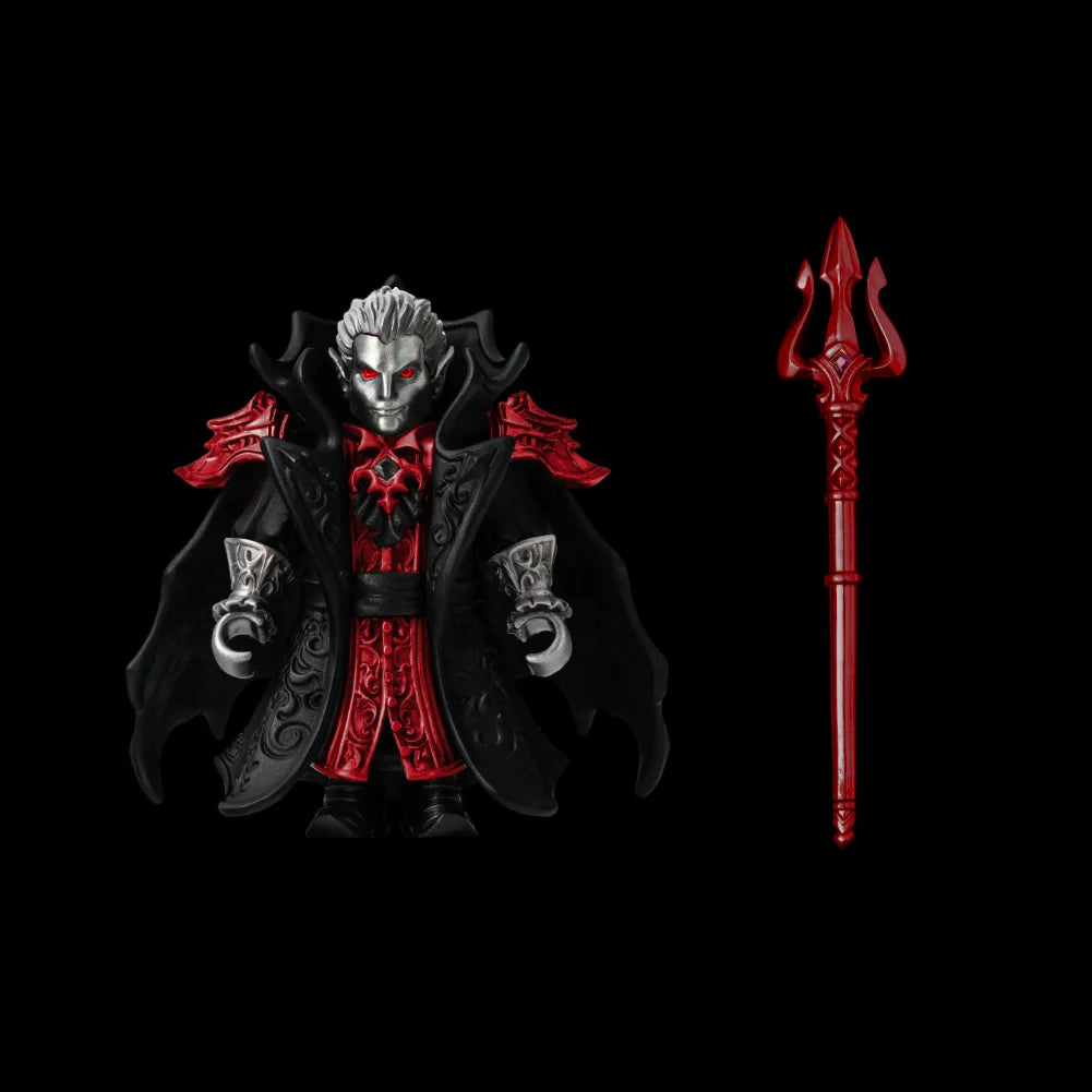 Black, scarlet red and silver-tone Crimson Vampire figure with matching trident on a black background