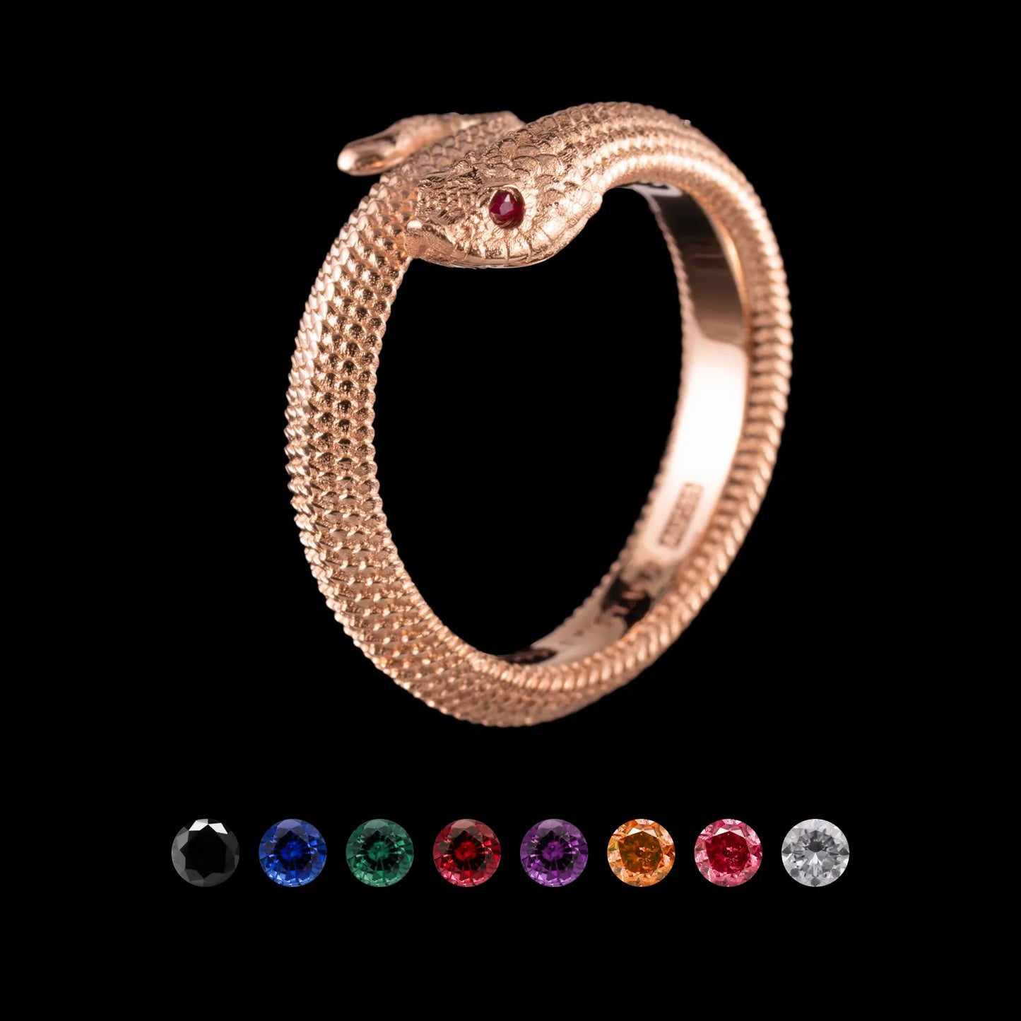 Customized 18K Rose Gold Hognose Snake Ring With Gemstone Eyes