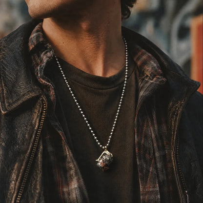 White Bronze Brass and Copper Cyber Frag Pendant worn with a black shirt