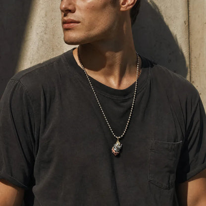 White Bronze Brass and Copper Cyber Frag Pendant styled on a man
