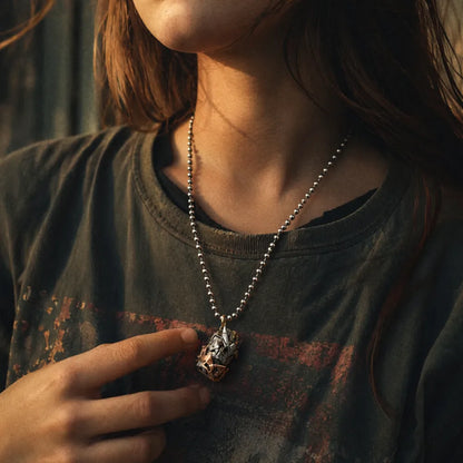 White Bronze Brass and Copper Cyber Frag Pendant necklace close-up