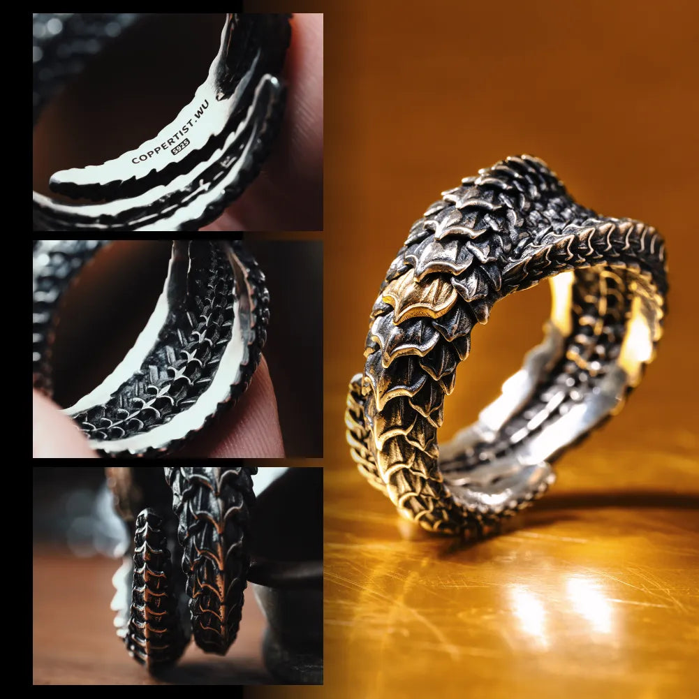 Multi-angle close-ups of Dragon Scale Ring 2.0 sculpted scales and metal finishes