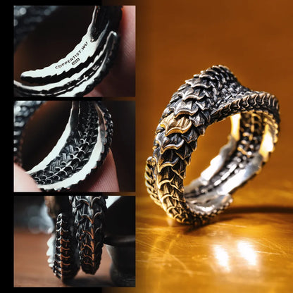 Multi-angle close-ups of Dragon Scale Ring 2.0 sculpted scales and metal finishes