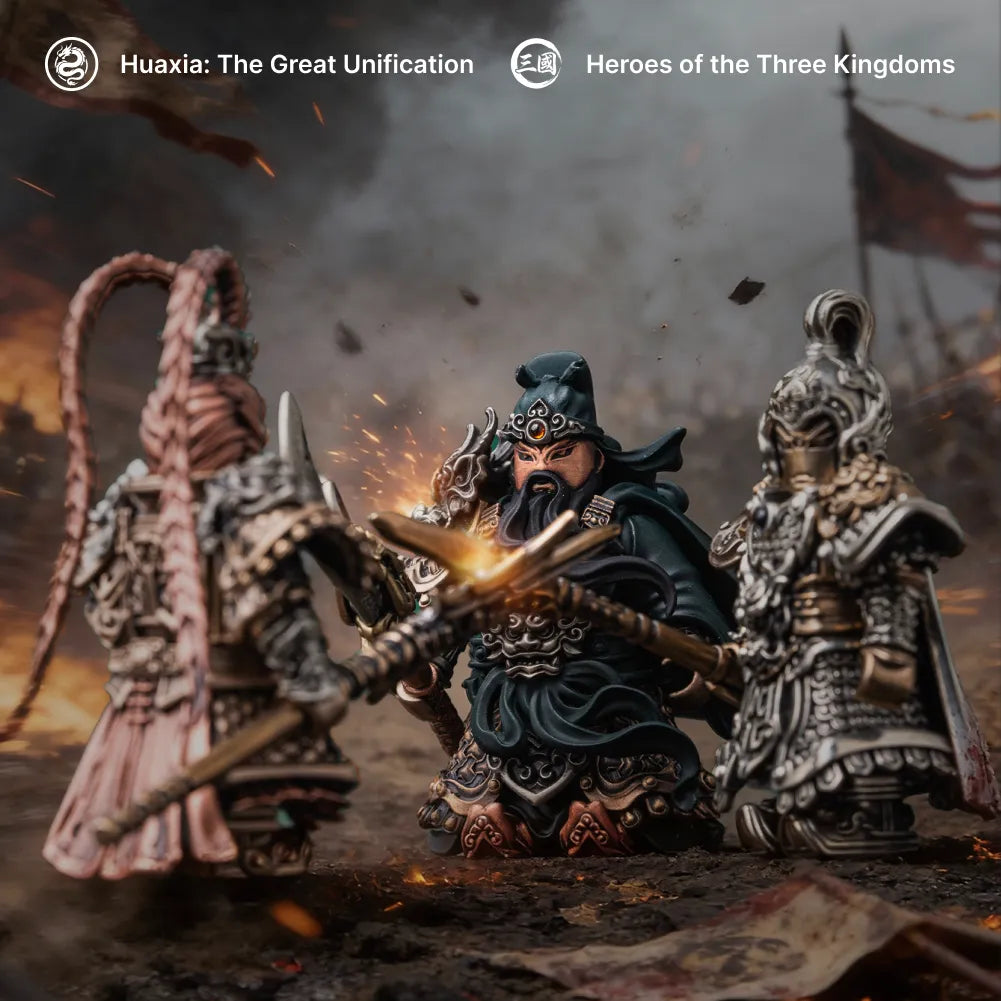 Guan Yu articulated figure displayed in a battle scene