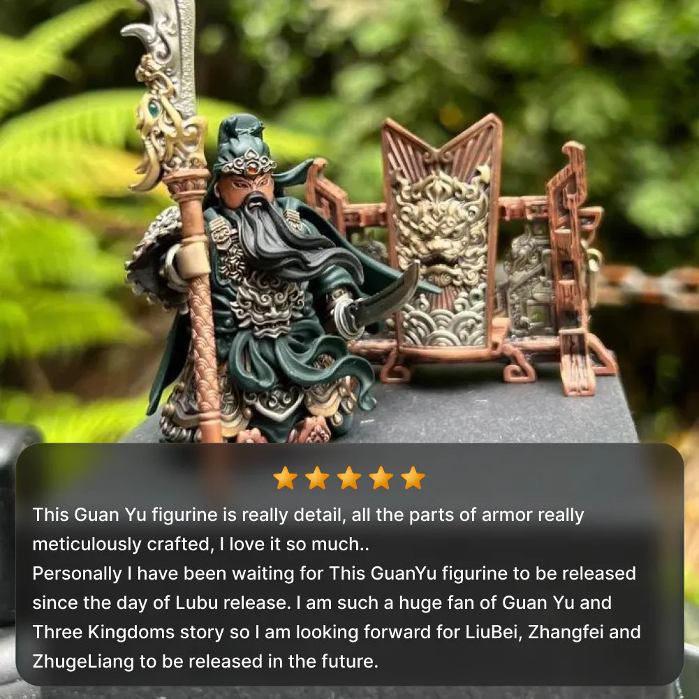 Guan Yu articulated figure displayed in a garden setting