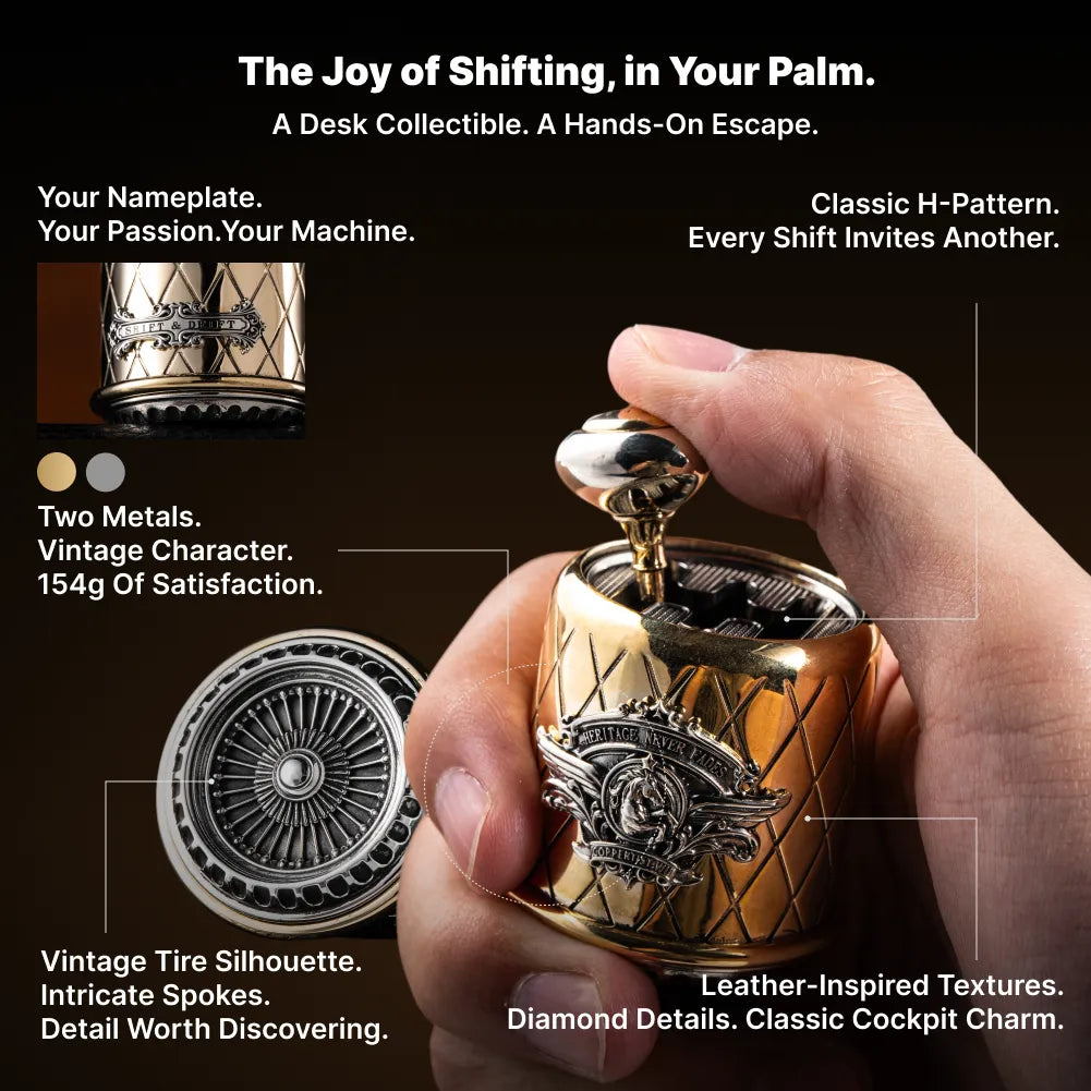 Heritage Gearshift Fidget held in hand with feature callouts