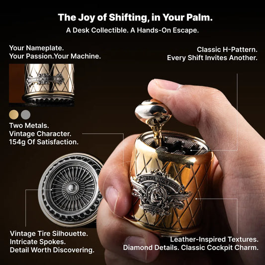 Heritage Gearshift Fidget held in hand with feature callouts