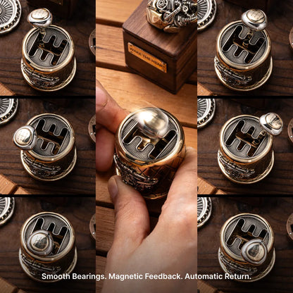 Close-up collage of the gearshift fidget knob and rotating details