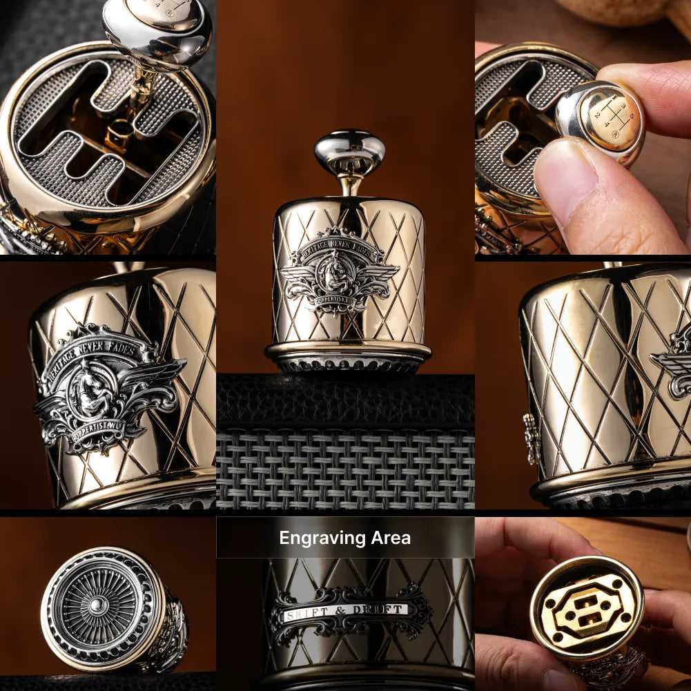 Detail collage showing the gearshift fidget and its engraving area