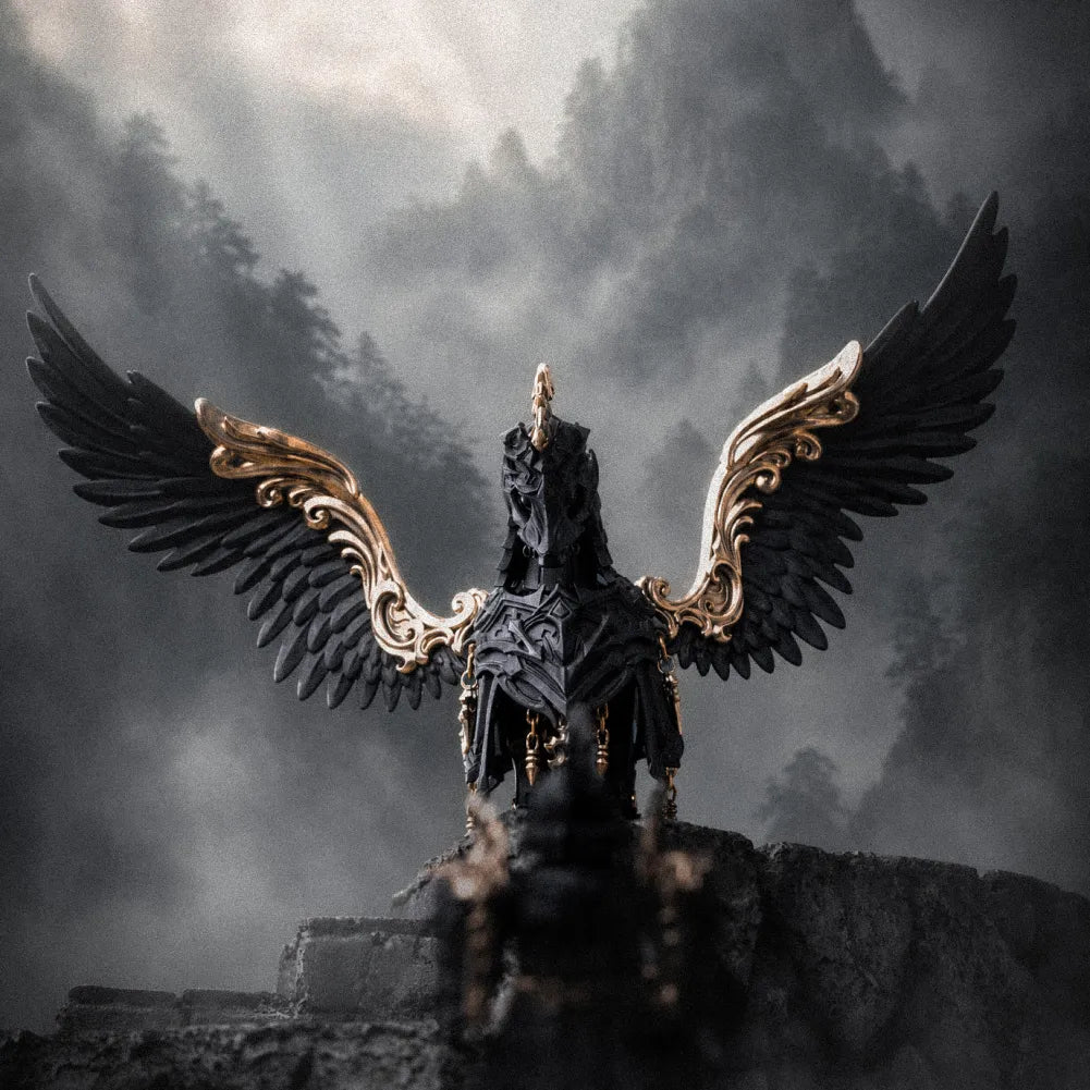 Blackened Heroic Steed Aegis Armor in a misty mountain scene