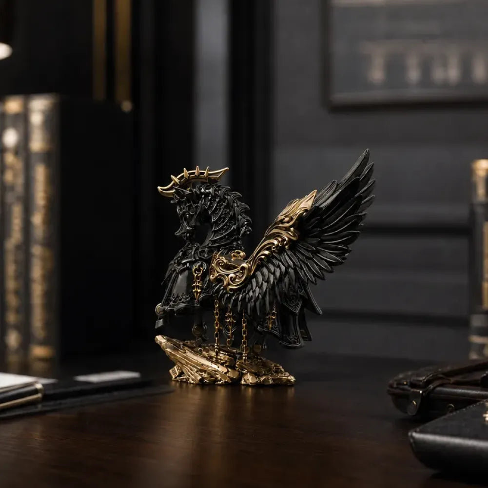 Blackened Heroic Steed Aegis Armor on a collector shelf
