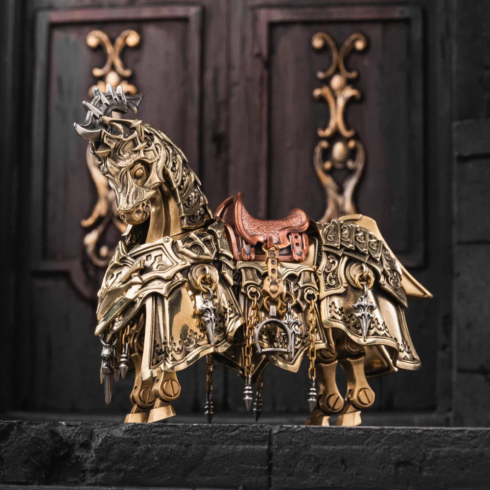 Brass and White Bronze Heroic Steed Aegis Armor displayed by a carved doorway