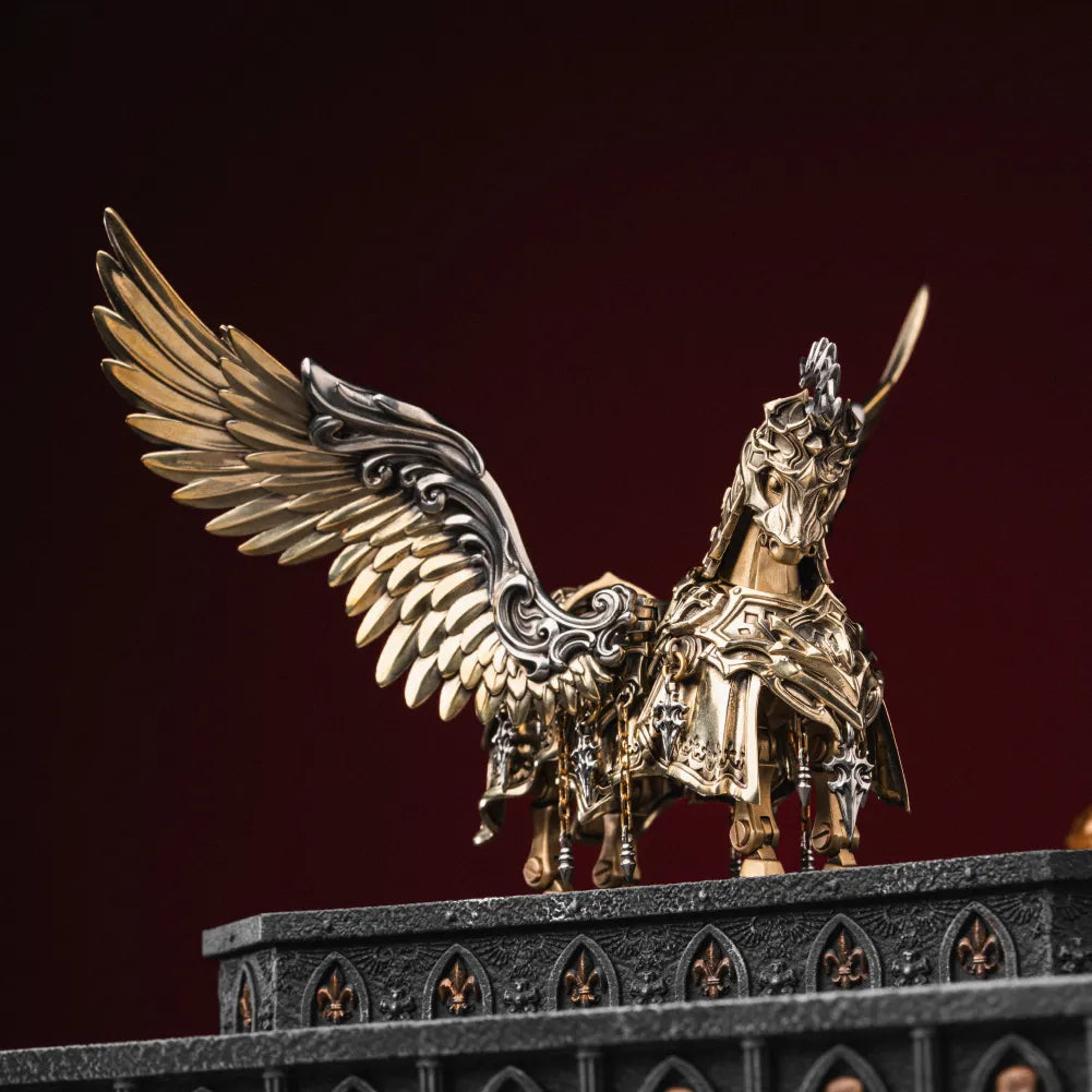 Brass and White Bronze Heroic Steed Aegis Armor on a red display plinth