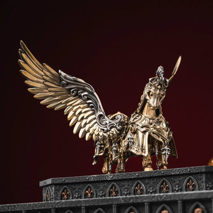 Brass and White Bronze Heroic Steed Aegis Armor on a red display plinth