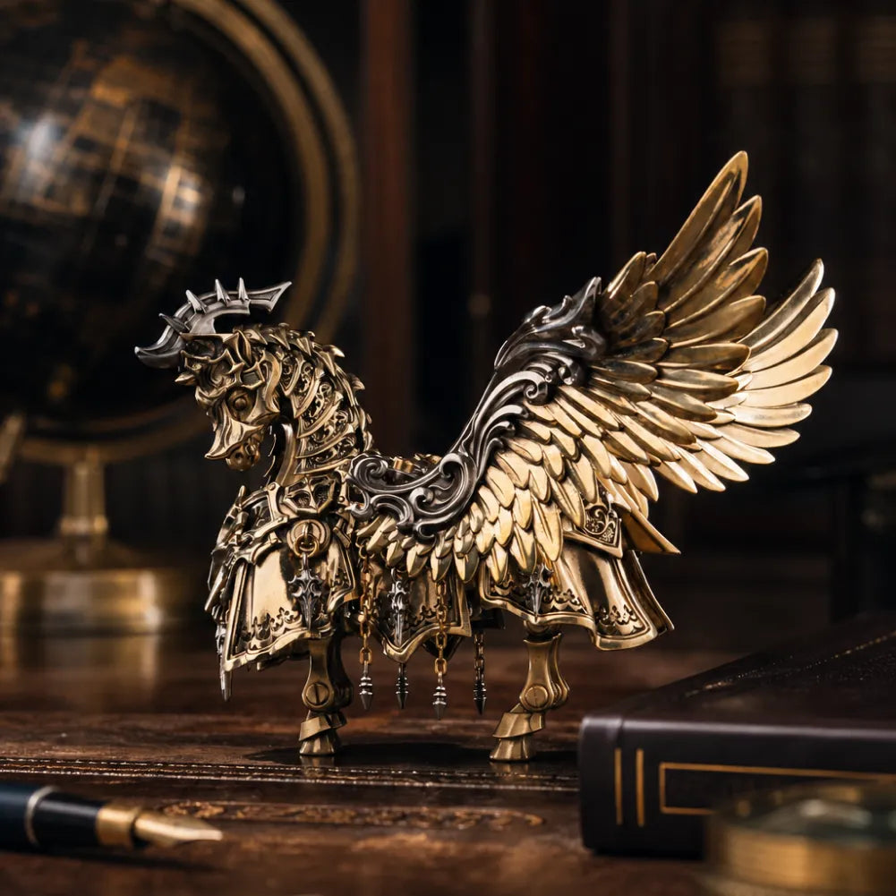 Brass and White Bronze Heroic Steed Aegis Armor on a collector shelf