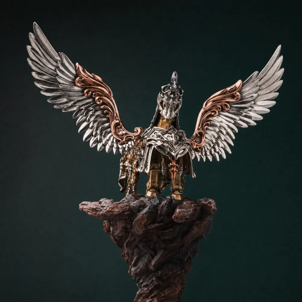 White Bronze and Copper Heroic Steed Aegis Armor on a stone pedestal