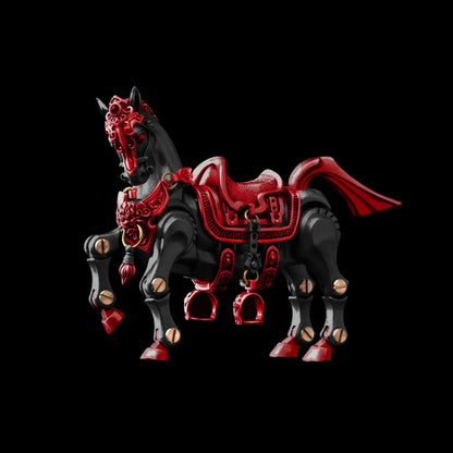 Black and scarlet red Heroic Steed figure with brass details on a black background