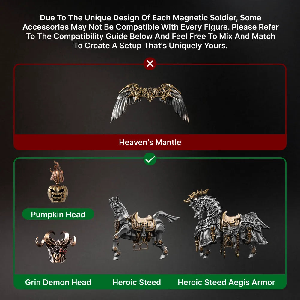 Compatibility guide for the Huang Zhong figure: Heaven's Mantle not compatible, Pumpkin Head, Grin Demon Head, Heroic Steed and Heroic Steed Aegis Armor compatible