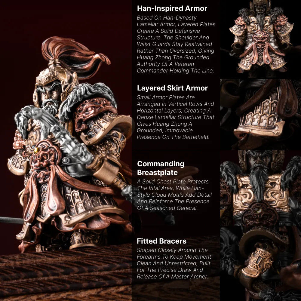 Detail panel card for the Huang Zhong figure: Han-inspired armour, layered skirt armour, commanding breastplate and fitted bracers