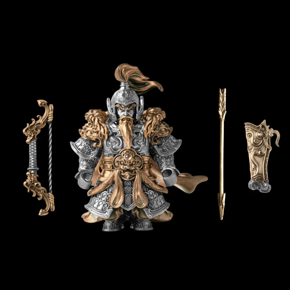Huang Zhong articulated figure in brass and white bronze finish on a black background