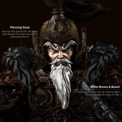 Close-up of the Huang Zhong figure face: piercing eyes under the helmet crest and layered white brows and beard