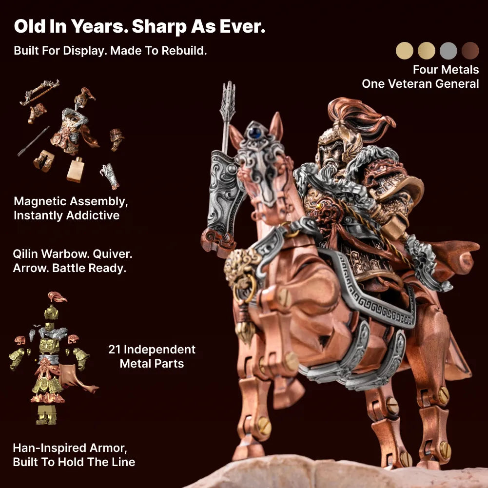 Feature card for the Huang Zhong figure: Old in Years Sharp as Ever, four metals, magnetic assembly, 21 independent metal parts