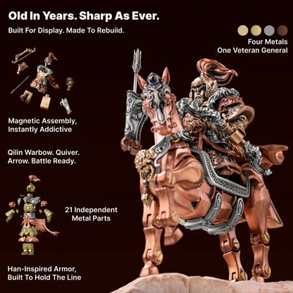 Feature card for the Huang Zhong figure: Old in Years Sharp as Ever, four metals, magnetic assembly, 21 independent metal parts