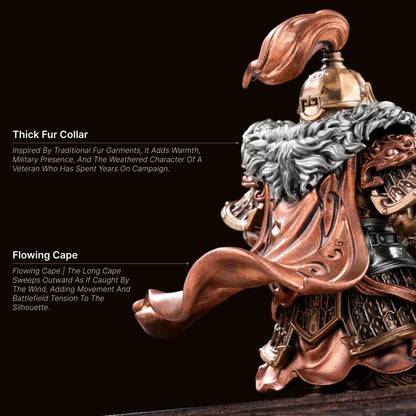 Rear three-quarter view of the Huang Zhong figure showing the thick fur collar and flowing bronze cape