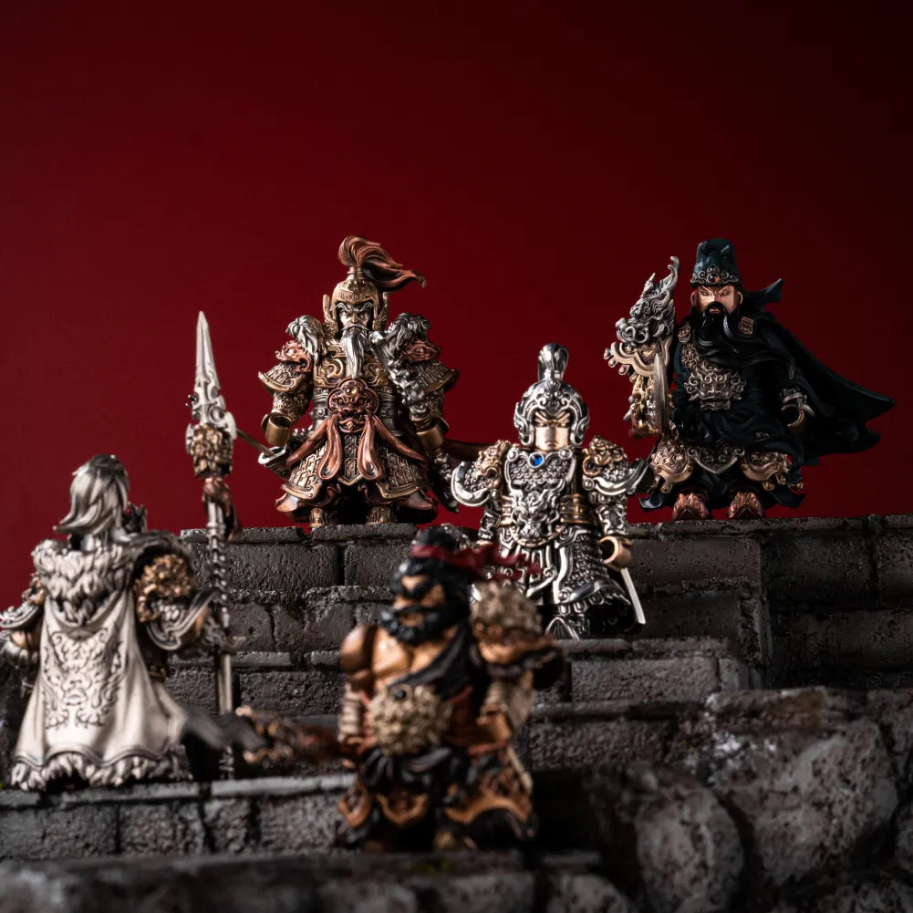 Huang Zhong with four other magnetic Three Kingdoms general figures arranged on a stone battlement against a red backdrop