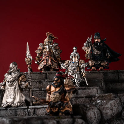Huang Zhong with four other magnetic Three Kingdoms general figures arranged on a stone battlement against a red backdrop