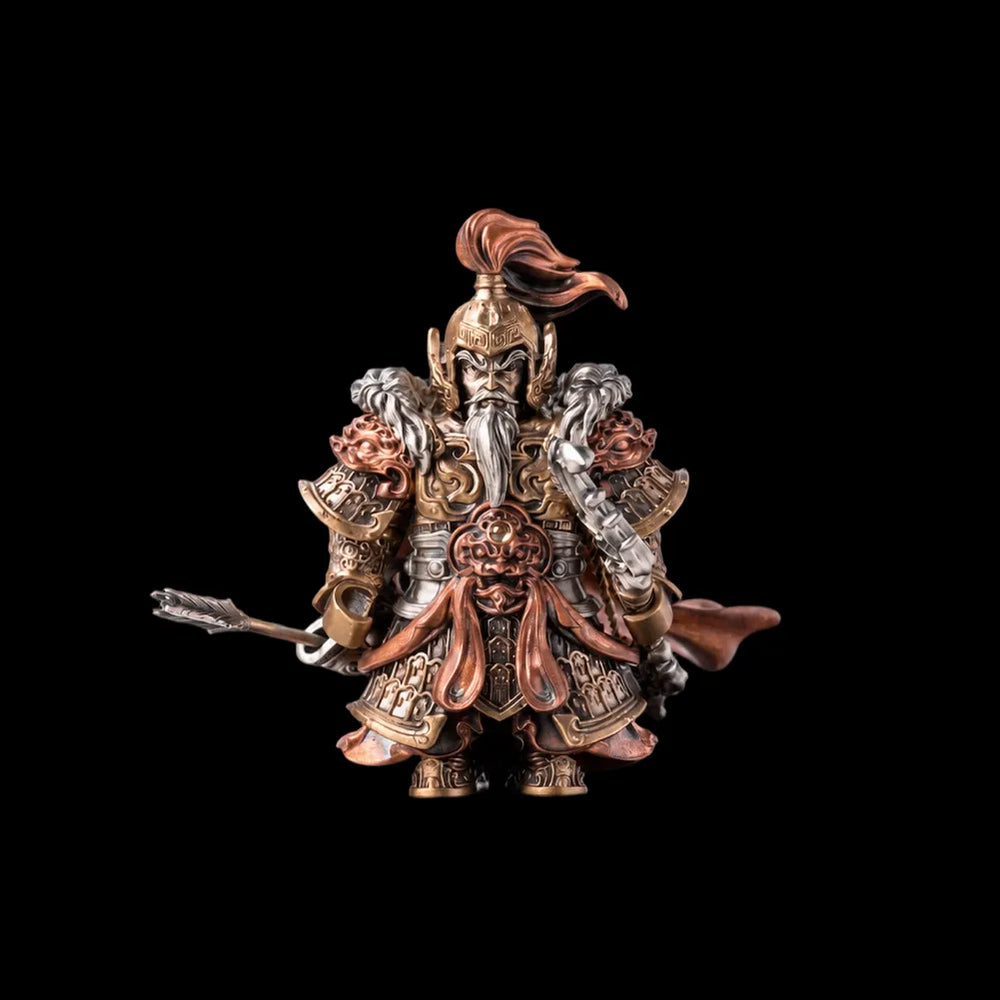 Huang Zhong magnetic articulated figure in the standard bronze, copper and white bronze finish, front view on a black backdrop