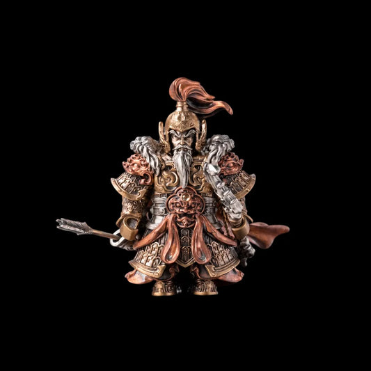 Huang Zhong magnetic articulated figure in the standard bronze, copper and white bronze finish, front view on a black backdrop