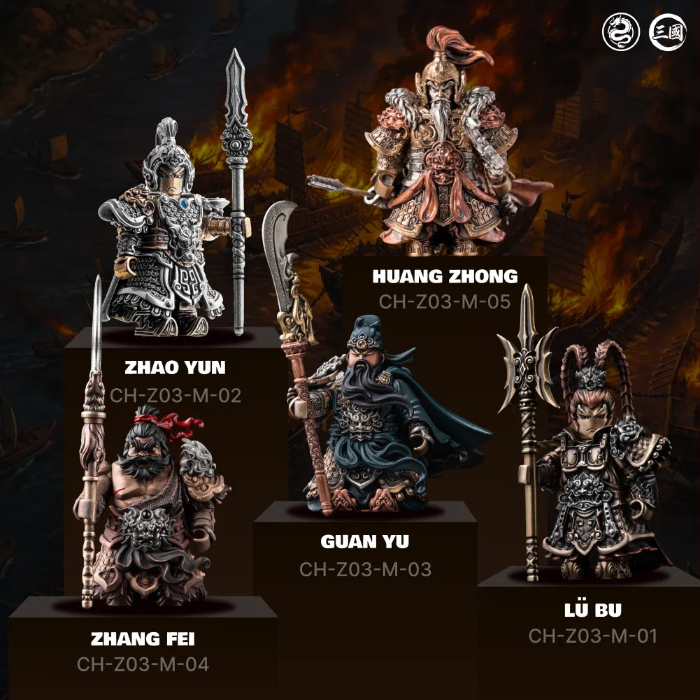 Model card for the Huang Zhong figure: model C010, size 54 by 36 mm, weight 90 g, shown from three angles with the Qilin Bow and arrow