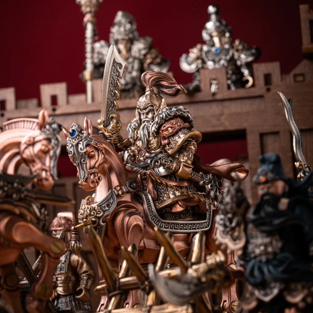 Huang Zhong mounted on the copper Heroic Steed raising a saber, with fellow generals on the battlement behind