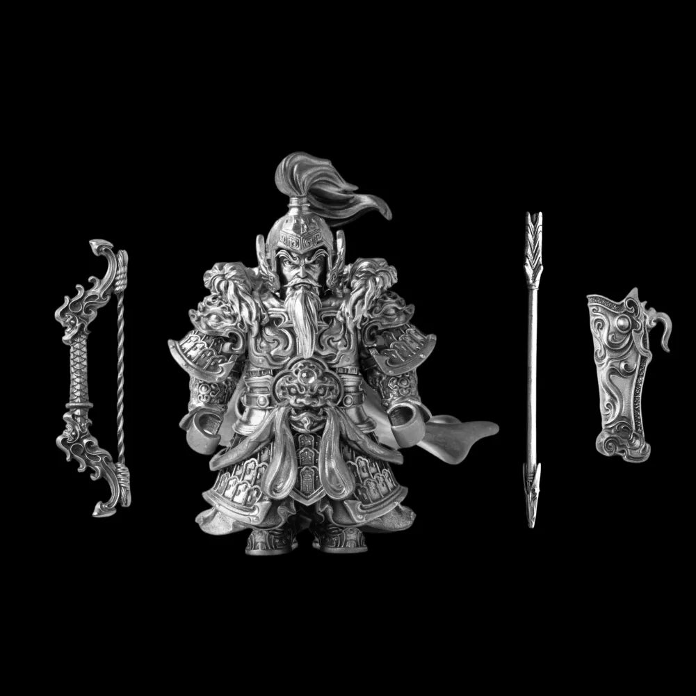 Huang Zhong articulated figure in oxidised silver finish on a black background