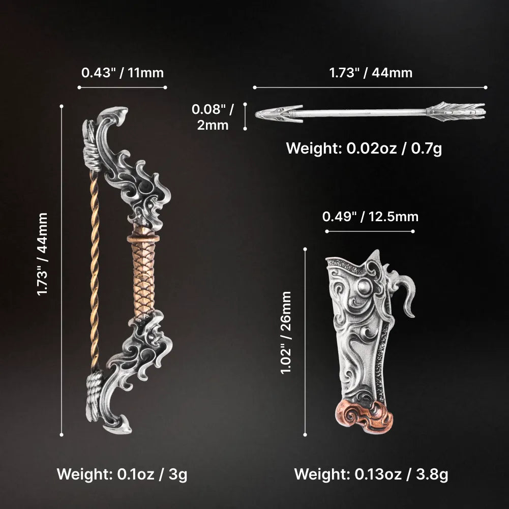 Parameter image: Qilin Bow 1.73 inch 44 mm, arrow 2 mm by 44 mm and quiver 1.02 inch 26 mm with their weights on a black background