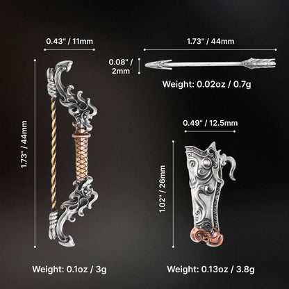 Parameter image: Qilin Bow 1.73 inch 44 mm, arrow 2 mm by 44 mm and quiver 1.02 inch 26 mm with their weights on a black background
