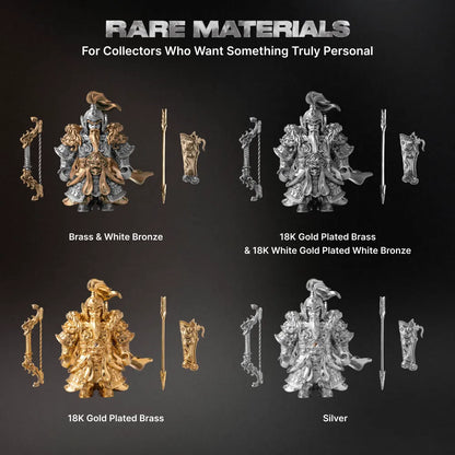 Rare materials guide showing the Huang Zhong figure in brass and white bronze, 18K gold plated brass and silver finishes