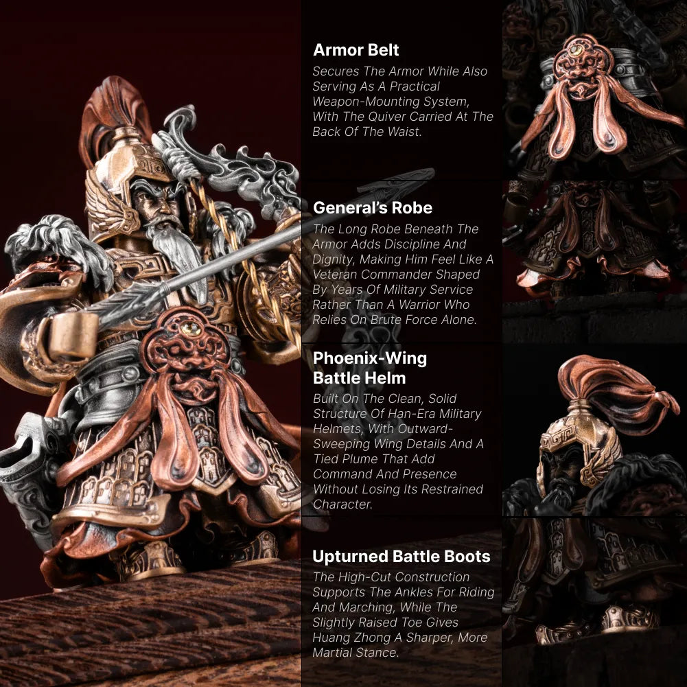 Detail panel card for the Huang Zhong figure: armour belt, general's robe, phoenix-wing battle helm and upturned battle boots