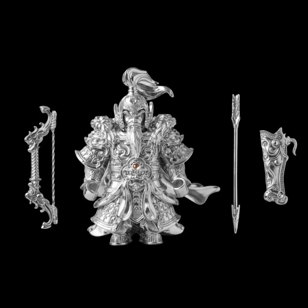Huang Zhong articulated figure in bright silver finish on a black background