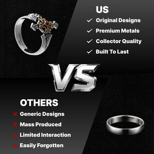 Judicator Blade ring and a plain ring shown in a US versus others comparison graphic.