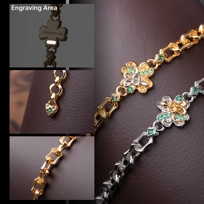 Detail collage of the gold-tone Lucky Clover Snake Bracelet, clasp and engraving area