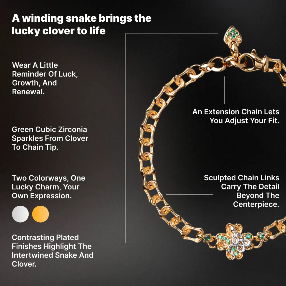 Gold-tone Lucky Clover Snake Bracelet with adjustable fit and green cubic zirconia feature callouts