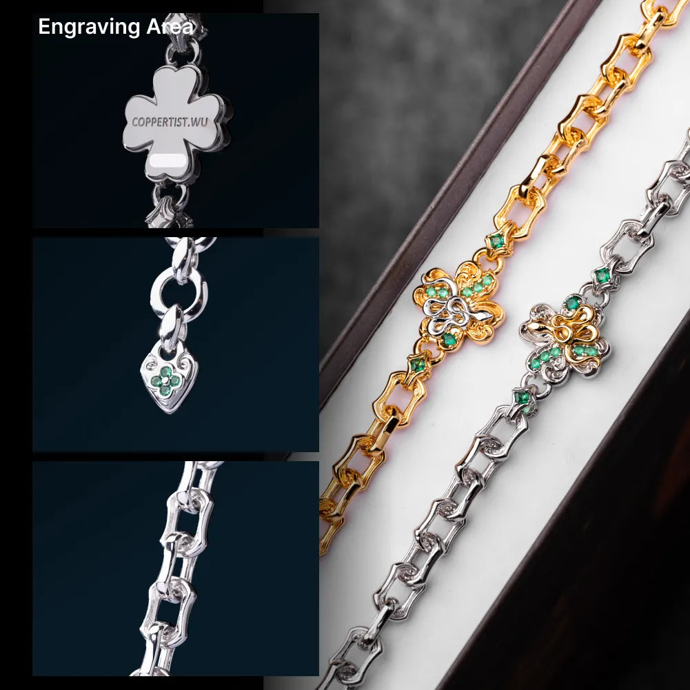 Detail collage of the silver-tone Lucky Clover Snake Bracelet, clasp and engraving area