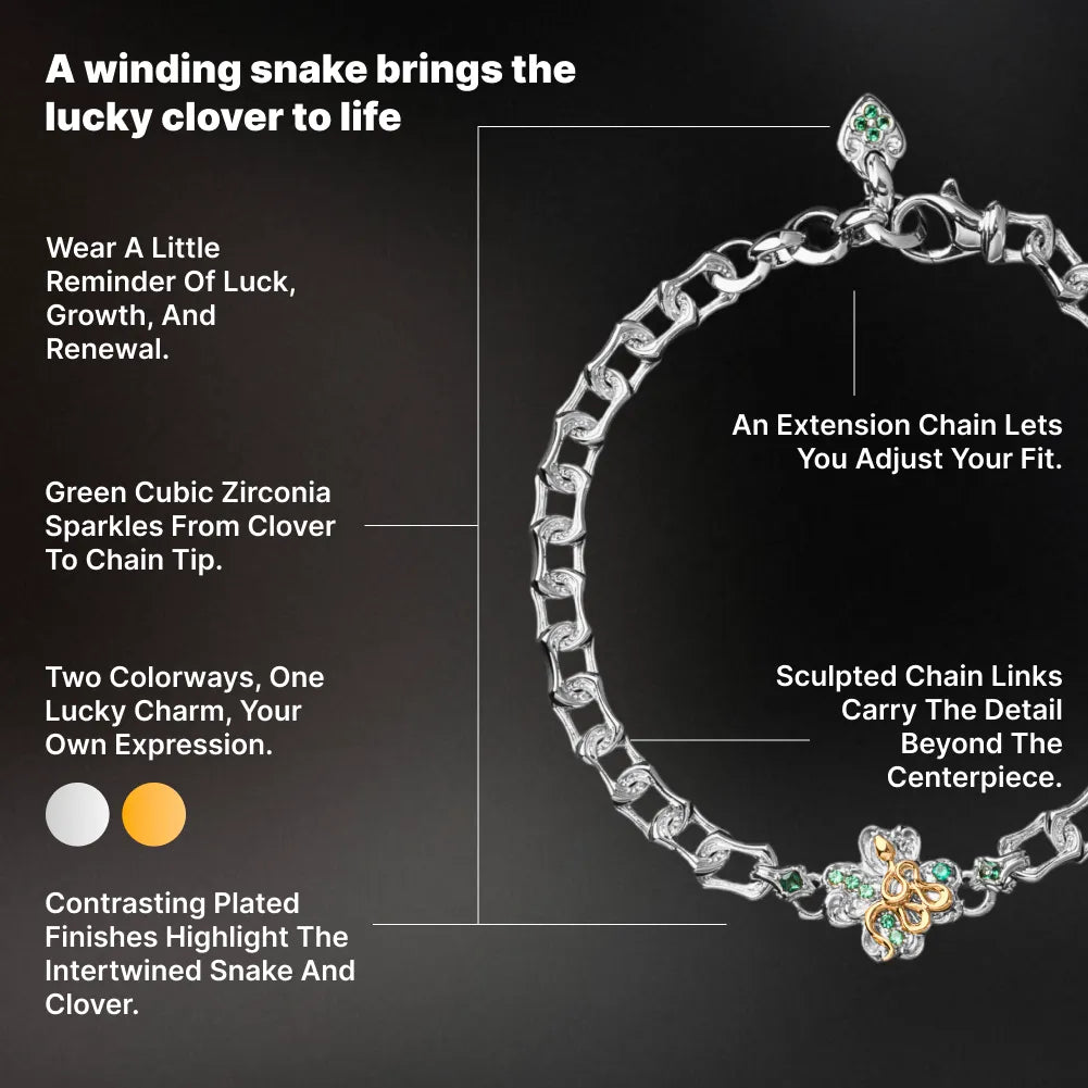 Silver-tone Lucky Clover Snake Bracelet with adjustable fit and green cubic zirconia feature callouts