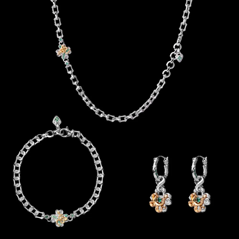 Lucky Clover Snake Necklace, bracelet and one pair of earrings in 18K white gold-plated brass and 24K gold-plated brass