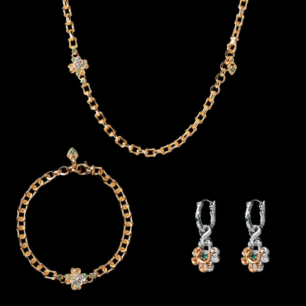 Lucky Clover Snake Necklace, bracelet and one pair of earrings in 24K gold-plated brass and 18K white gold-plated brass